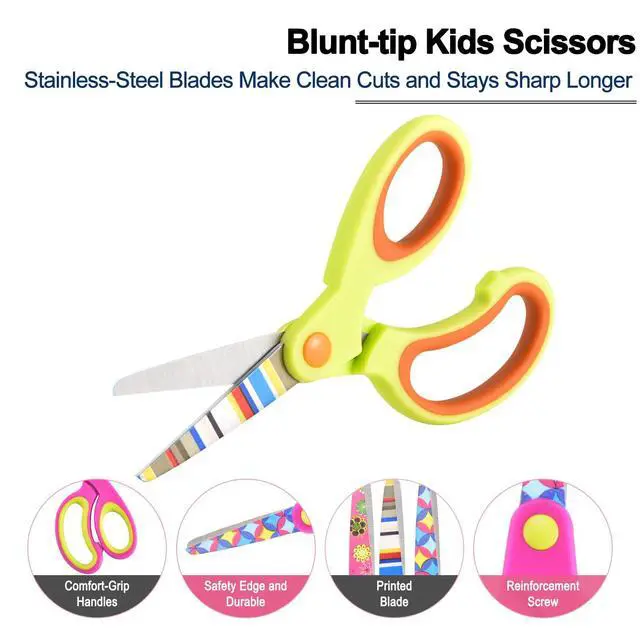 Alt view image 7 of 7 - Kids Scissors Set, Safety Children Scissors with Blunt-Tip Floral Print Blade and Soft Grip, Great for DIY, Arts, Home, School Classroom Use, Blue/Purple/Yellow
