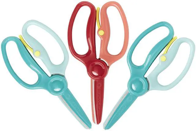 Main image of Training Scissors for Ages 3+ (3-Pack), Small Kids Safety Scissors with Training Lever, Easy to Use, Art Supplies, Turquoise and Red