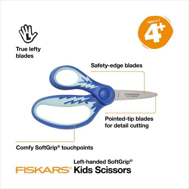Alt view image 2 of 7 - 5" SoftGrip Kids Left-Handed Pointed-Tip Scissors, Ages 4-7, Blue | Scissors with Safety Edge Blades for School or Crafting, Ergonomic Handles Designed for Kids Hands, Back to School Supplies