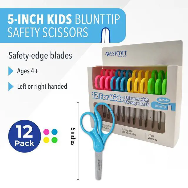 Alt view image 2 of 7 - 5" Kids Blunt Scissors, Pack of 12, Ambidextrous | 5 Inch Ambidextrous Kids Blunt Safety Scissors, Stainless Steel Blades, Assorted Colors for School, Crafts & Fabric