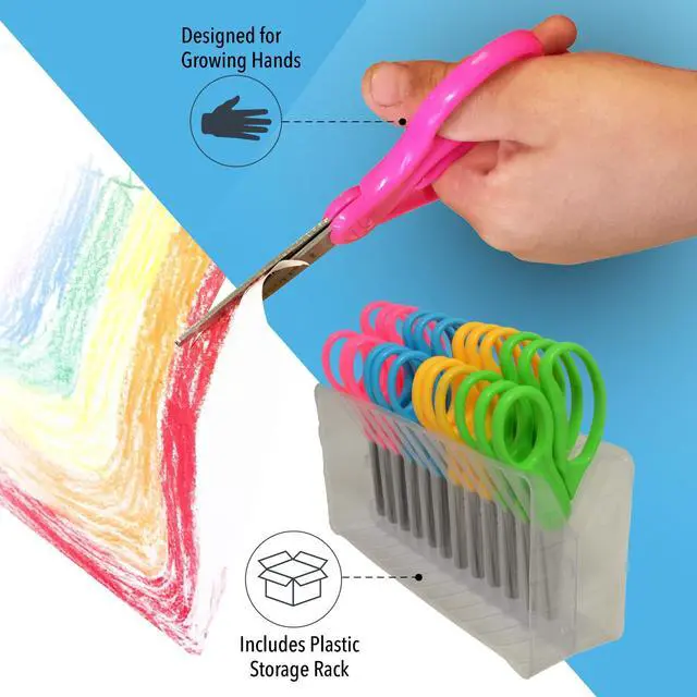 Alt view image 3 of 7 - 5" Kids Blunt Scissors, Pack of 12, Ambidextrous | 5 Inch Ambidextrous Kids Blunt Safety Scissors, Stainless Steel Blades, Assorted Colors for School, Crafts & Fabric