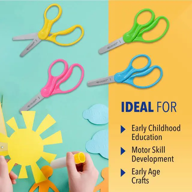 Alt view image 4 of 7 - 5" Kids Blunt Scissors, Pack of 12, Ambidextrous | 5 Inch Ambidextrous Kids Blunt Safety Scissors, Stainless Steel Blades, Assorted Colors for School, Crafts & Fabric
