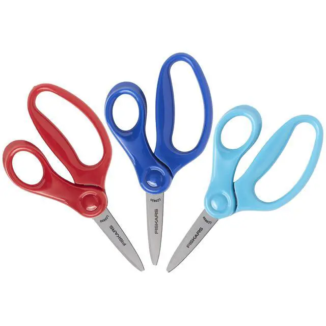 Alt view image 2 of 7 - 5" Pointed-Tip Kids Scissors, Age 4-7, Red, Blue, Turquoise, 3-Pack | Scissors with Safety Edge Blades for School or Crafting, Ergonomic Handles Designed for Kids Hands, Back to School Supplies