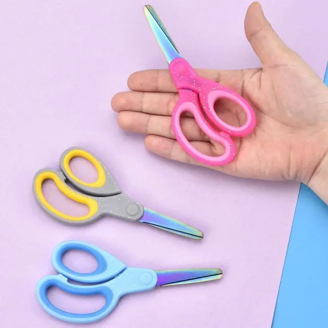 Alt view image 2 of 7 - 5" Kids Scissors Set(3 Pcs), Safety Rounded edge Blunt-Tip, Titanium Coating Blades, Comfort Grip for School Classroom Children and Toddler Cutting Craft Paper, Glitter Assorted Color