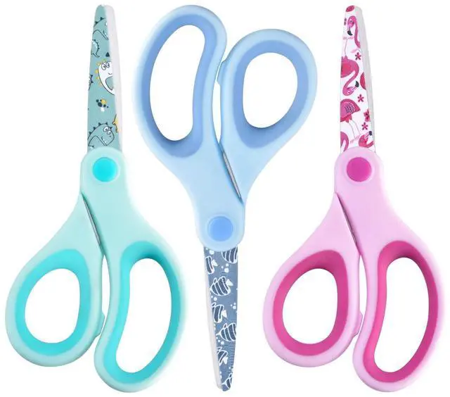 Main image of 5" Kids Safety Scissors 3 Pack, Blunt-Tip Stainless Steel Blades (Print Design) & Ergonomic Comfort Handles, for Toddlers, Children, Small School Students, Craft Cutting Paper, Assorted Colors