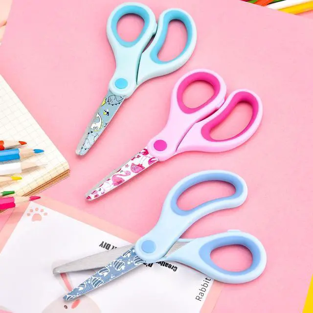 Alt view image 2 of 7 - 5" Kids Safety Scissors 3 Pack, Blunt-Tip Stainless Steel Blades (Print Design) & Ergonomic Comfort Handles, for Toddlers, Children, Small School Students, Craft Cutting Paper, Assorted Colors