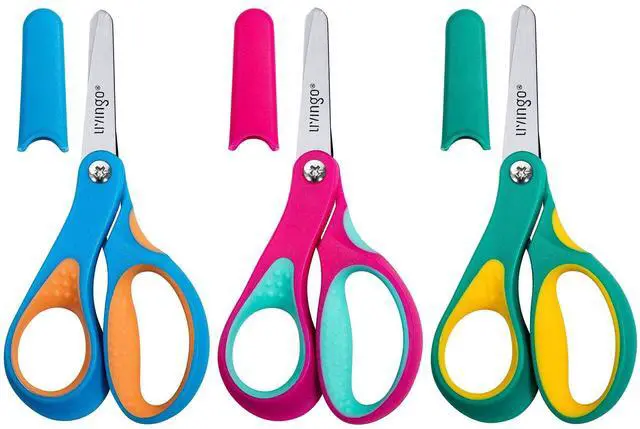Main image of Left Handed Kids Scissors for School 5" Blunt Safety 3 Pack | Ages 4+, Blade Covers Included, Comfort Grip, Stainless Steel Blade, Classroom Paper Craft Supplies