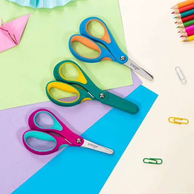 Alt view image 3 of 7 - Left Handed Kids Scissors for School 5" Blunt Safety 3 Pack | Ages 4+, Blade Covers Included, Comfort Grip, Stainless Steel Blade, Classroom Paper Craft Supplies