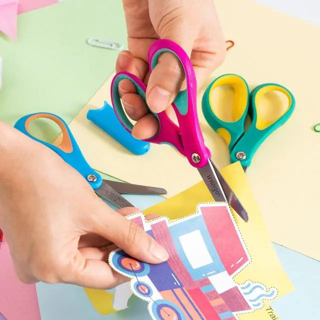Alt view image 2 of 7 - Left Handed Kids Scissors for School 5" Blunt Safety 3 Pack | Ages 4+, Blade Covers Included, Comfort Grip, Stainless Steel Blade, Classroom Paper Craft Supplies