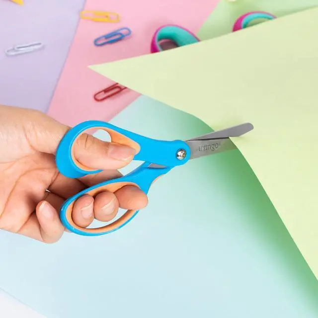 Alt view image 5 of 7 - Left Handed Kids Scissors for School 5" Blunt Safety 3 Pack | Ages 4+, Blade Covers Included, Comfort Grip, Stainless Steel Blade, Classroom Paper Craft Supplies