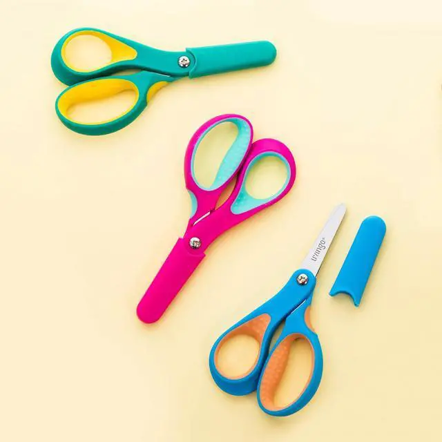 Alt view image 7 of 7 - Left Handed Kids Scissors for School 5" Blunt Safety 3 Pack | Ages 4+, Blade Covers Included, Comfort Grip, Stainless Steel Blade, Classroom Paper Craft Supplies