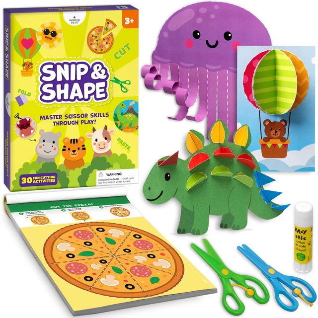 Main image of Snip & Shape Scissor Skills Activity Book with Toddler & Kids Scissors 3-5 | 30 cutting crafts for fine motor skills, 2x childrens safety scissors, kindergarten & preschool learning activity workbook
