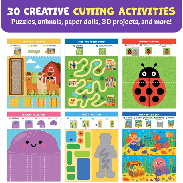 Alt view image 3 of 6 - Snip & Shape Scissor Skills Activity Book with Toddler & Kids Scissors 3-5 | 30 cutting crafts for fine motor skills, 2x childrens safety scissors, kindergarten & preschool learning activity workbook