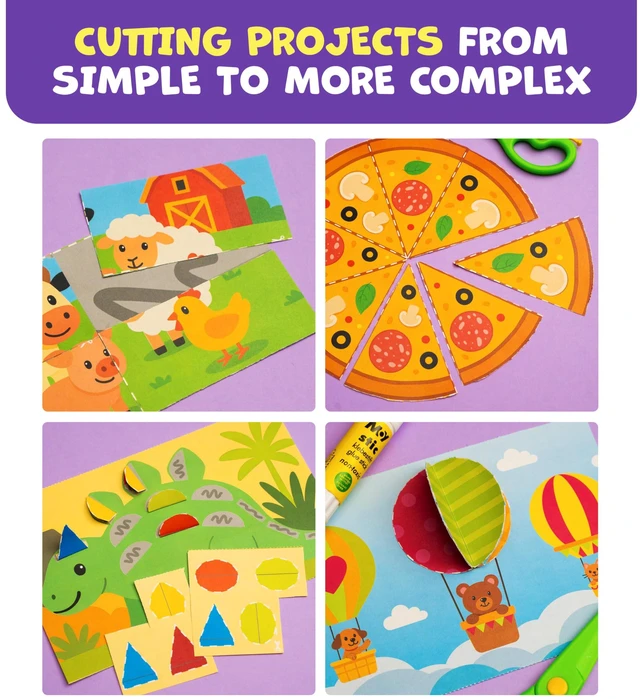 Alt view image 4 of 6 - Snip & Shape Scissor Skills Activity Book with Toddler & Kids Scissors 3-5 | 30 cutting crafts for fine motor skills, 2x childrens safety scissors, kindergarten & preschool learning activity workbook