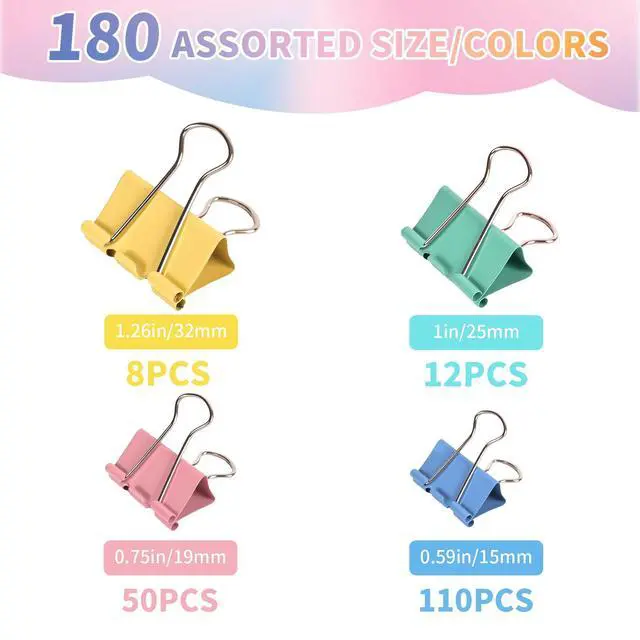 Alt view image 4 of 7 - 180Pcs Colorful Binder Clips Assorted Size, Metal Paper Clips for Daily Use | Clips Office Supplies for Documents, Files, School Supplies, Home and Desk Organization