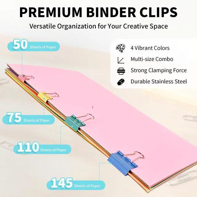 Alt view image 3 of 7 - 180Pcs Colorful Binder Clips Assorted Size, Metal Paper Clips for Daily Use | Clips Office Supplies for Documents, Files, School Supplies, Home and Desk Organization