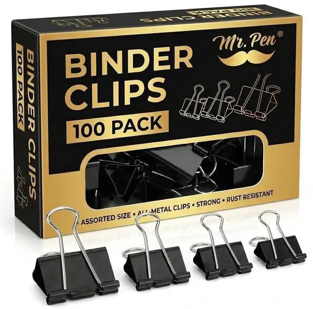 Main image of Binder Clips, 100 pcs, Assorted Sizes, Black Binder Paper Clips | Bulk Paper Clamps for Office Supplies, Home, School, Business, Document Organizing