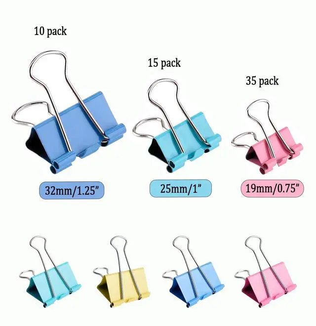 Alt view image 2 of 7 - 60pcs Colored Binder Clips Paper Clamps Assorted Size Small, Medium, Large Binder Paper Clips