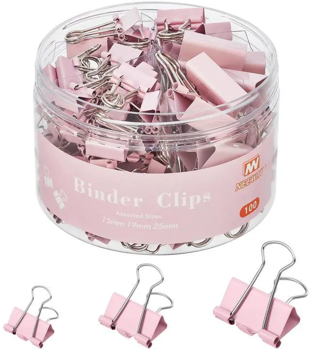 Main image of 100 Count Binder Clips Assorted Sizes, Paper Binder Clips (0.6inch 0.75inch 1inch), Metal Paper Clamps for Office and Home (Pink)