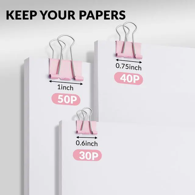 Alt view image 4 of 6 - 100 Count Binder Clips Assorted Sizes, Paper Binder Clips (0.6inch 0.75inch 1inch), Metal Paper Clamps for Office and Home (Pink)