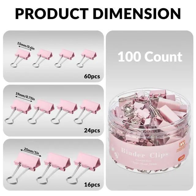 Alt view image 2 of 6 - 100 Count Binder Clips Assorted Sizes, Paper Binder Clips (0.6inch 0.75inch 1inch), Metal Paper Clamps for Office and Home (Pink)