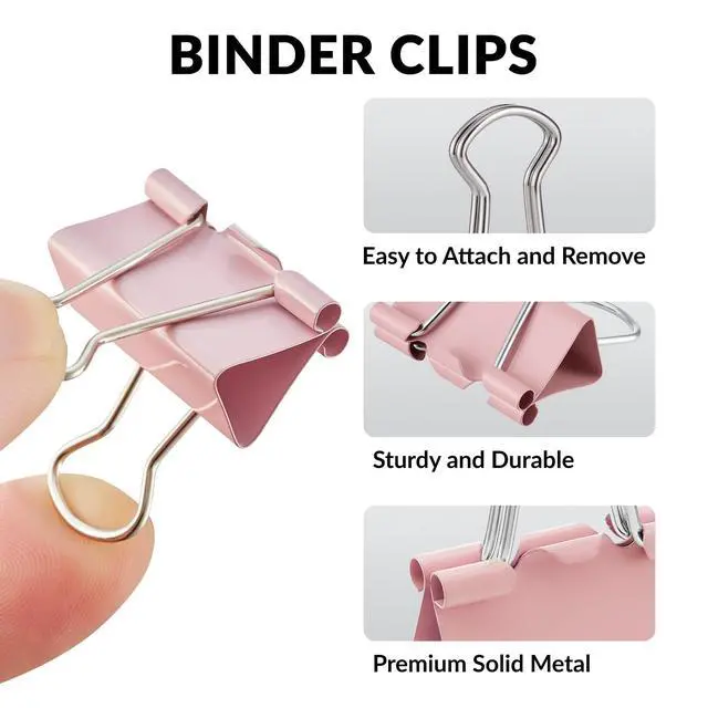 Alt view image 3 of 6 - 100 Count Binder Clips Assorted Sizes, Paper Binder Clips (0.6inch 0.75inch 1inch), Metal Paper Clamps for Office and Home (Pink)