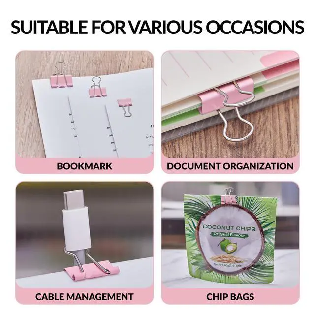 Alt view image 6 of 6 - 100 Count Binder Clips Assorted Sizes, Paper Binder Clips (0.6inch 0.75inch 1inch), Metal Paper Clamps for Office and Home (Pink)