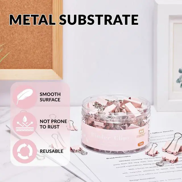 Alt view image 5 of 6 - 100 Count Binder Clips Assorted Sizes, Paper Binder Clips (0.6inch 0.75inch 1inch), Metal Paper Clamps for Office and Home (Pink)