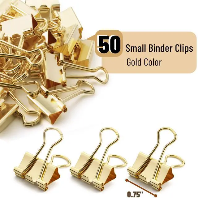 Alt view image 2 of 7 - Small Binder Clips, 50 pcs, 0.75", Small Size | Gold Metal Binder Paper Clips, Paper Clamps for Office Supplies, Home, School, Business, Document Organizing
