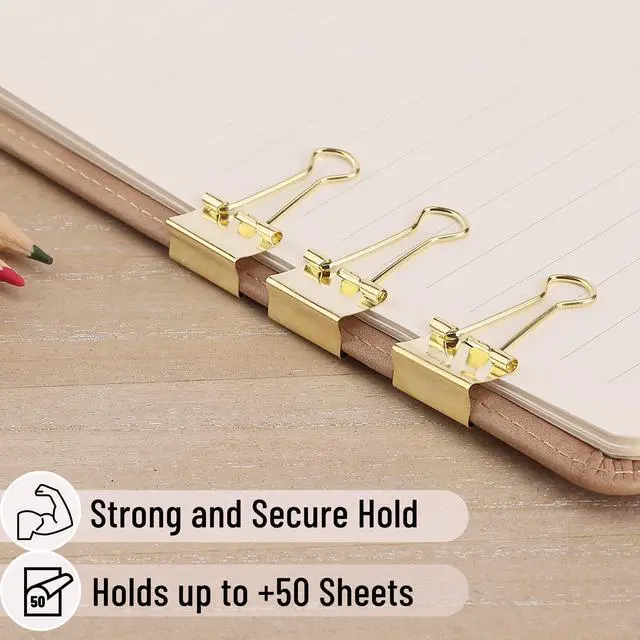 Alt view image 4 of 7 - Small Binder Clips, 50 pcs, 0.75", Small Size | Gold Metal Binder Paper Clips, Paper Clamps for Office Supplies, Home, School, Business, Document Organizing