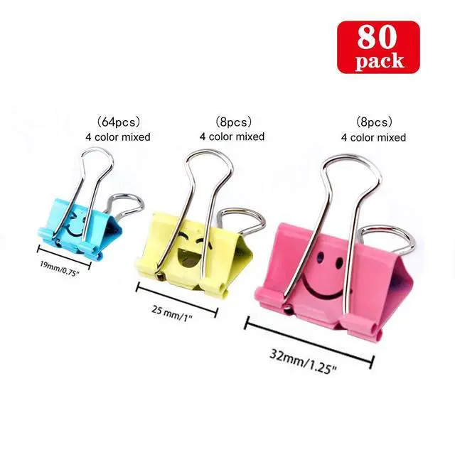 Alt view image 2 of 7 - 80pack Binder Clips, Limque Paper Clips,Paper Clamps with Colored Cute Hollow Smiling Face,80 Pcs Assorted Size Clip, for Office,Teacher Gifts and Kitchen