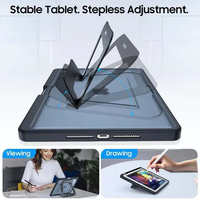 Alt view image 3 of 7 - Shockproof Case for iPad 9th / 8th / 7th Generation 10.2 Inch | Slim Frosted Hard Back Cover, Multi-Angle Viewing, Built-in Kickstand & Pencil Holder, Anti-Scratch, Black