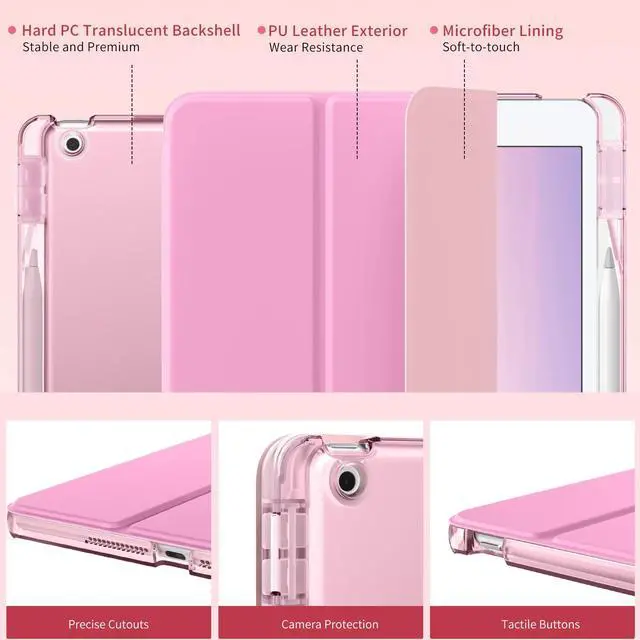 Alt view image 3 of 7 - for iPad 9th/8th/7th Generation Case 10.2-Inch with Pencil Holder,Pink | For iPad 10.2 Case 2021/2020/2019, Slim Light Trifold Smart Protective Cover with Hard PC Translucent Back Shell