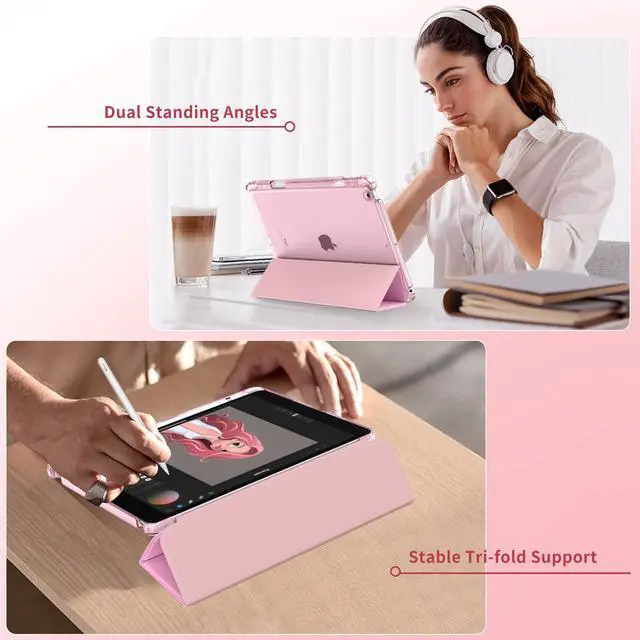 Alt view image 4 of 7 - for iPad 9th/8th/7th Generation Case 10.2-Inch with Pencil Holder,Pink | For iPad 10.2 Case 2021/2020/2019, Slim Light Trifold Smart Protective Cover with Hard PC Translucent Back Shell