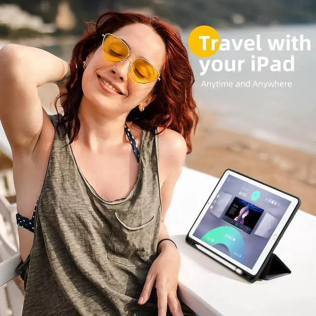 Alt view image 2 of 7 - for iPad 9th/8th/7th Generation Case 10.2 Inch, Black | With Pencil Holder, for iPad 10.2 Case 2021/2020/2019, Soft TPU Back, Slim Trifold Stand Protective Cover, Auto Sleep/Wake