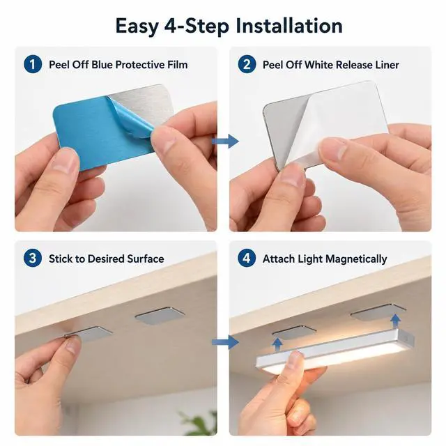 Alt view image 4 of 6 - 16Pcs Magnetic stickys for Under Cabinet Lights Replacement Magnetic Strips with Adhesive Backing, Metal Plates for Magnetic Mounts, Metal Adhesive Strip for Magnetic LED Lights Home Decor