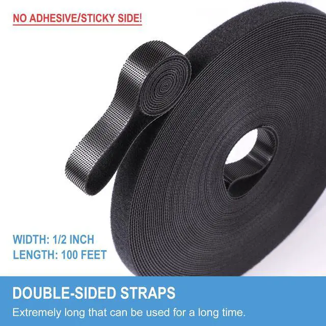 Alt view image 2 of 6 - 1/2in x 100ft Hook and Loop Roll | Double-Sided Strips, Self-Gripping Straps | Reusable Multi-Purpose Wrap Fasteners for Home, Office, Data Center, and More