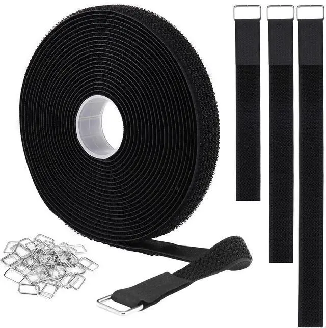 Main image of 1"x16ft Hook and Loop Straps with 25 Metal Buckles, Adjustable Fastening Cable Straps, Cut-to-Length Cinch Strap, Reusable Nylon Securing Cord Ties for Organizer or Storage, 1 inch Wide, Black