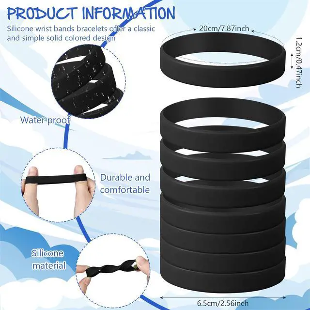 Alt view image 2 of 7 - 24 Pcs Plain Silicone Rubber Bracelets Solid Color Rubber Wristbands Sports Elastic Rubber Bands for Stretch Silicone Wristband Wrist Bands for Women Men Teen Part Decorations Gifts (Black)