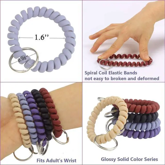 Alt view image 2 of 7 - Pack of 5 Mix Color Plastic Coil Wrist Coil Stretch Wristband | Elastic Stretchable Spiral Bracelet Key Ring Chain Hook Holder for Gym Pool ID Badge and Outdoor Sports