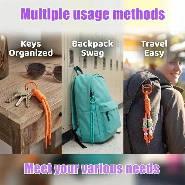 Alt view image 3 of 7 - 10pcs Paracord Rope Keychain, Paracord Keychain Bag Charms, 10 Color | Polyester & Alloy, with O Ring, Colorful, Braided Rope, Knot, 8.66in, for Handbag Purse Backpack Decoration