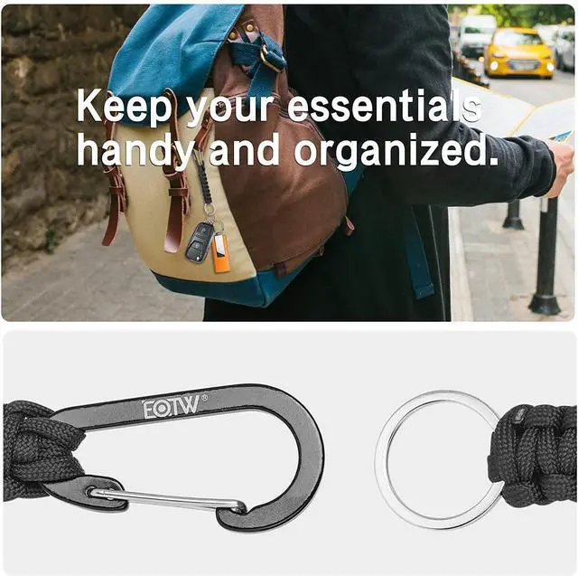 Alt view image 5 of 7 - Paracord Keychain for Men Women Paracord Carabiner Backpack Keychain with Aluminum Clip for Camping Hiking Outdoor Gear 2 Black