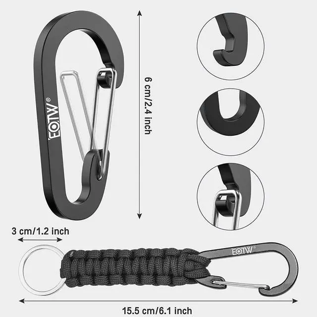 Alt view image 7 of 7 - Paracord Keychain for Men Women Paracord Carabiner Backpack Keychain with Aluminum Clip for Camping Hiking Outdoor Gear 2 Black