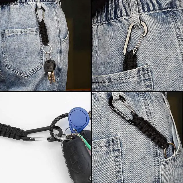 Alt view image 2 of 7 - Paracord Keychain Carabiner Clip | D Ring Hanger Lanyard Hook | 7.3inch Long | Black | for Stroller, Water Bottle, Key, Backpacks, Men, Women, Luggage, Car Seat Headrest, Fence, Bag Charms