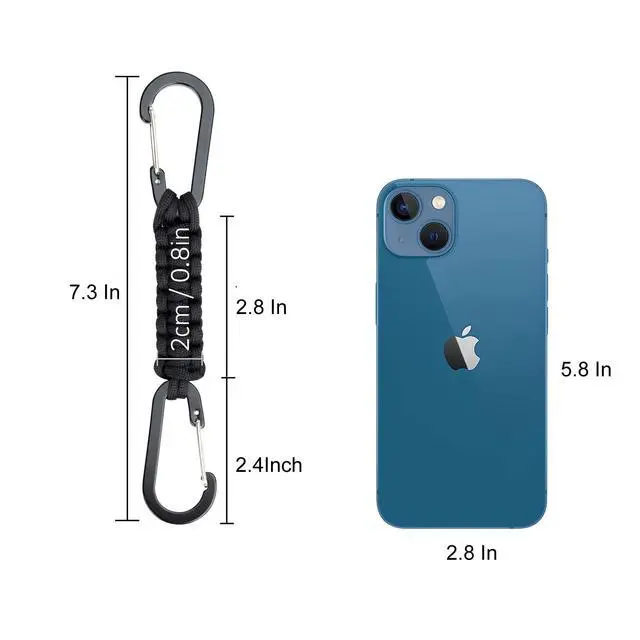 Alt view image 3 of 7 - Paracord Keychain Carabiner Clip | D Ring Hanger Lanyard Hook | 7.3inch Long | Black | for Stroller, Water Bottle, Key, Backpacks, Men, Women, Luggage, Car Seat Headrest, Fence, Bag Charms