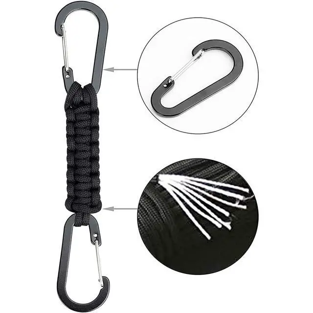 Alt view image 5 of 7 - Paracord Keychain Carabiner Clip | D Ring Hanger Lanyard Hook | 7.3inch Long | Black | for Stroller, Water Bottle, Key, Backpacks, Men, Women, Luggage, Car Seat Headrest, Fence, Bag Charms