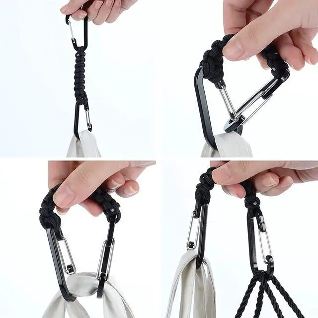 Alt view image 7 of 7 - Paracord Keychain Carabiner Clip | D Ring Hanger Lanyard Hook | 7.3inch Long | Black | for Stroller, Water Bottle, Key, Backpacks, Men, Women, Luggage, Car Seat Headrest, Fence, Bag Charms