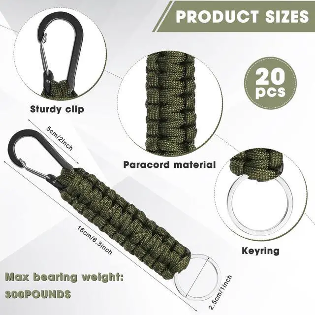 Alt view image 3 of 7 - 20 Pcs Paracord Keychain Military Braided Keychain Clip with Strap Paracord Backpack Strap with Hooks for Camping