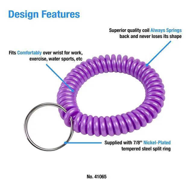 Alt view image 2 of 4 - 2 Spiral Wrist Coil with Steel Key Ring, Flexible Wrist Band Key Chain Bracelet, Stretches to 12, Purple 1 PK (410651)