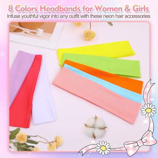 Alt view image 2 of 7 - Neon Headbands for Women and Teen Girls 8 Pack, Stocking Stuffers | Soft Non Slip Stretchy Fabric Hair Accessories Heaband for Yoga, Running, Workout, Daily Wear, Xmas Valentines Gift Easter